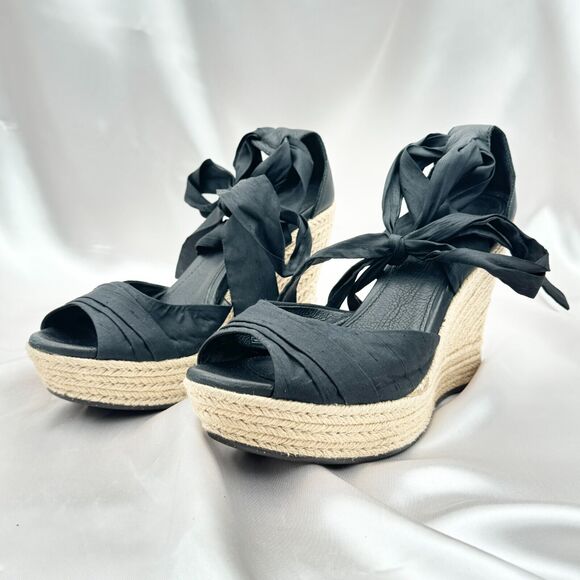 UGG Lucianna Black Silk Leather Espadrille Wedge Sandals 1002916 - Sz 9.5 - Picture 8 of 11